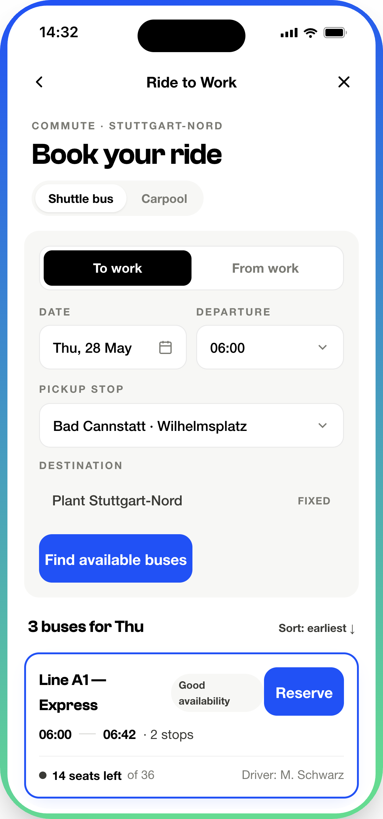 Ride to Work Reservation app